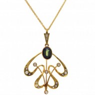9ct Gold Art Nouveau Green Australian Sapphire and 20 Pearl Pendant. Click for more information...