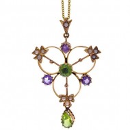 SUFFRAGETTE 18ct Gold Peridot Pearl Amethyst Pendant. Click for more information...