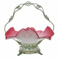 Large Victorian Silver Plate and Pink Art Glass Basket. Click for more information...