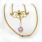 9ct Gold Necklace Amethyst, Peridot and Seed Pearl. Click for more information...