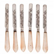 Chinese Silver. Mother of Pearl.  Set of 6 Desert Knife and Forks. Click for more information...