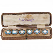 Set of 6. Gilt. Enamel. Mother of Pearl. Buttons. Click for more information...