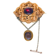 15ct Gold. Victorian. Memorial Brooch / Locket. Set with 2 Cabochon Garnets.. Click for more information...